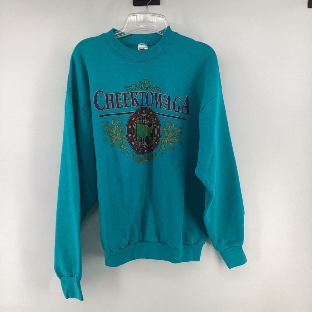 Vintage CHEEKTOWAGA Sweatshirt Mens XL Teal Graphic Crew Neck Fleece NY 90s